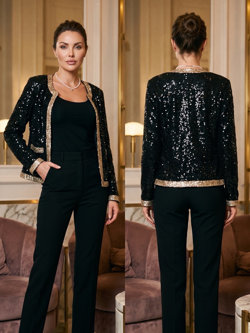 Dolce Cabo Black Sequin Jacket with Gold Trim Size XL (23" length)